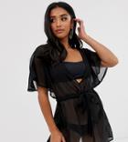 Asos Design Petite Recycled Tie Waist Cape Back Chiffon Beach Cover Up In Black - Black