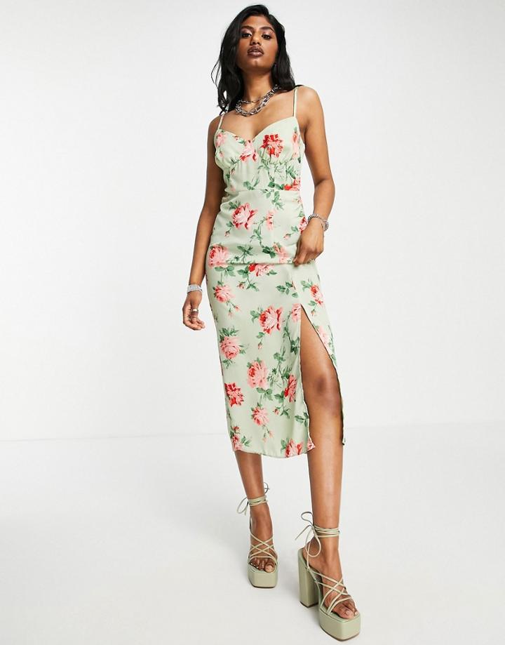 Asos Design Bust Cup Cami Midi With Split In Sage Floral Print-multi