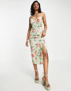 Asos Design Bust Cup Cami Midi With Split In Sage Floral Print-multi