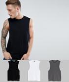 Asos Design Relaxed Vest With Dropped Armhole 3 Pack Save - Multi