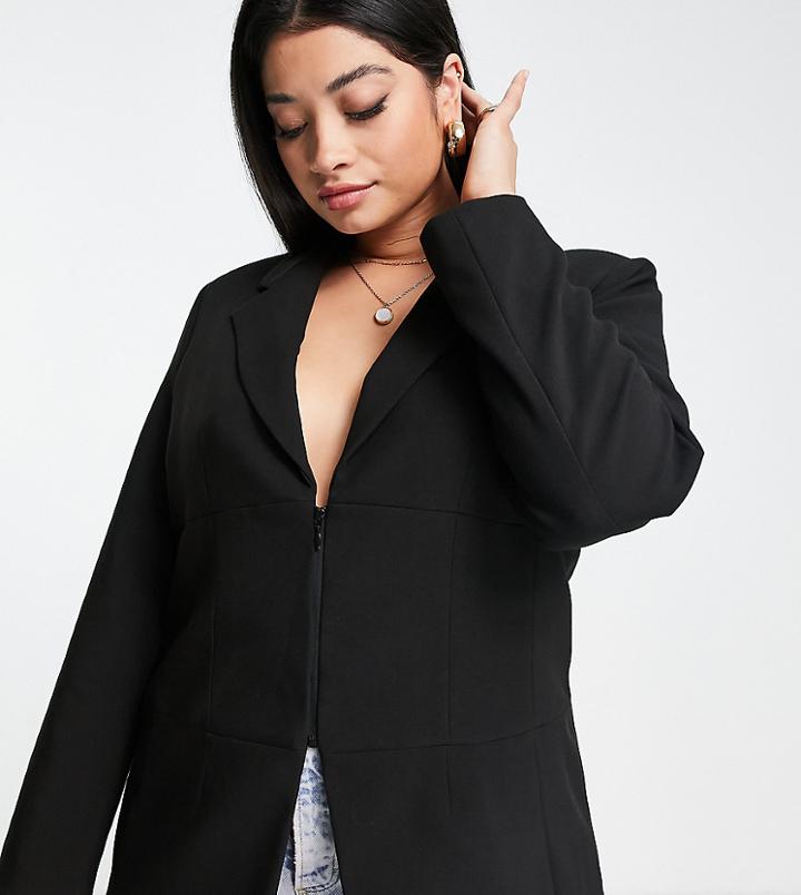 Vero Moda Curve Tailored Waisted Blazer With Zip Front In Black