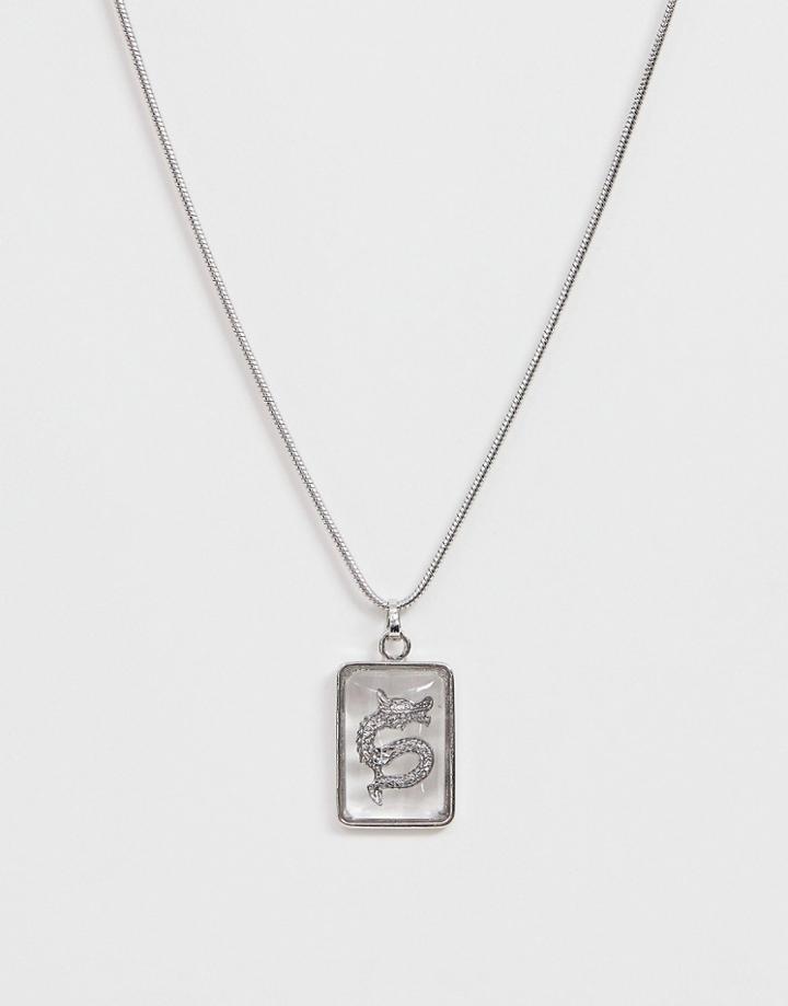Asos Design Necklace With Jewel And Engraved Dragon Detail In Silver Tone - Silver