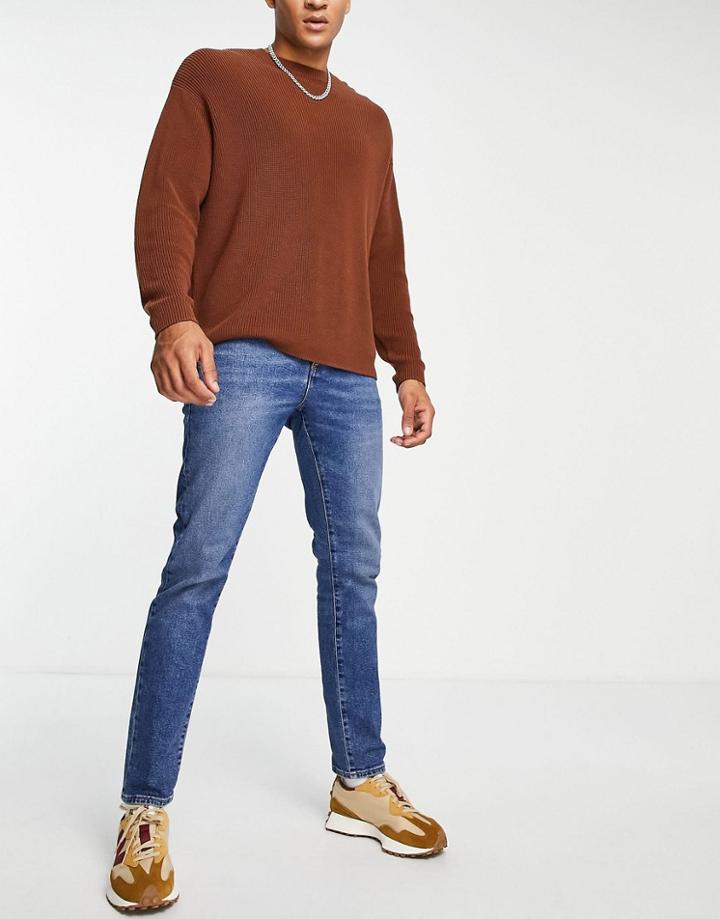 Asos Design Stretch Slim 12.5oz Jeans In Mid Wash Blue-blues
