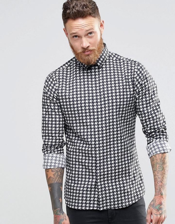 Noose & Monkey Skinny Shirt In Houndstooth - Black