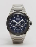 Hugo Boss Stainless Steel Chronograph Watch With Blue Dial - Silver