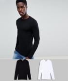 Asos Design Muscle Fit Long Sleeve T-shirt With Crew Neck 2 Pack Save - Multi