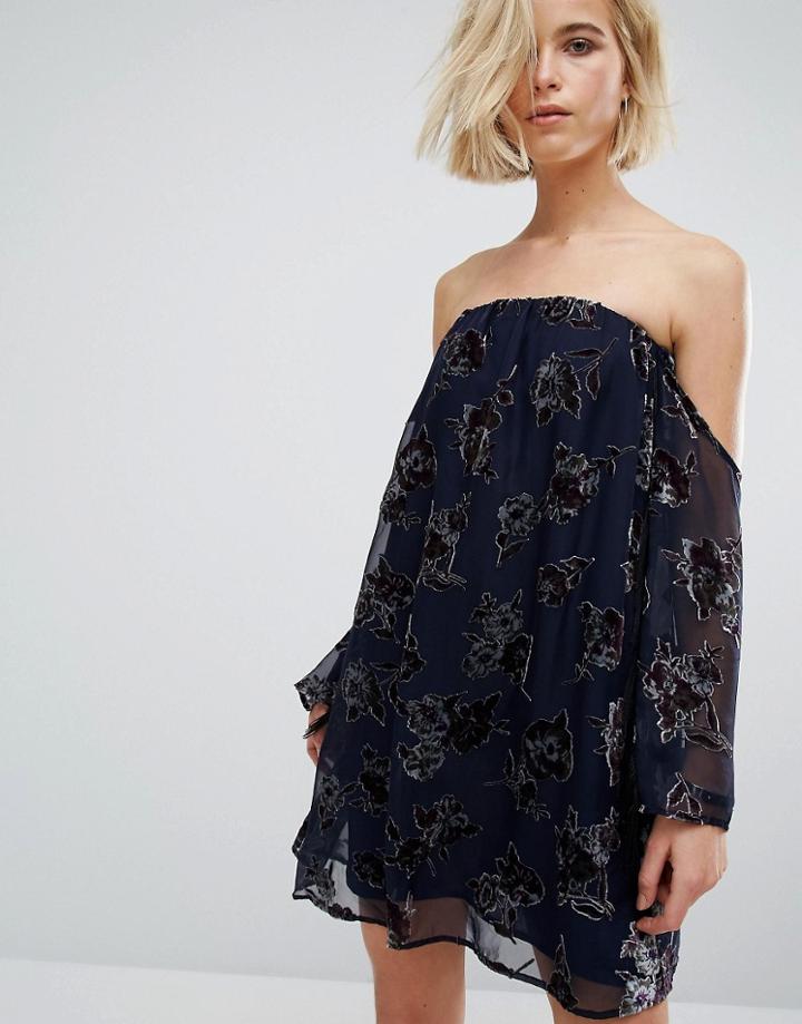 J.o.a Off Shoulder Long Sleeve Swing Dress In Floral Velvet - Multi