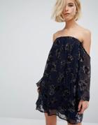 J.o.a Off Shoulder Long Sleeve Swing Dress In Floral Velvet - Multi