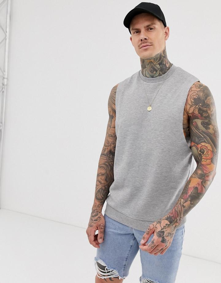 Asos Design Relaxed Sleeveless Sweatshirt With Dropped Armhole In Gray Marl