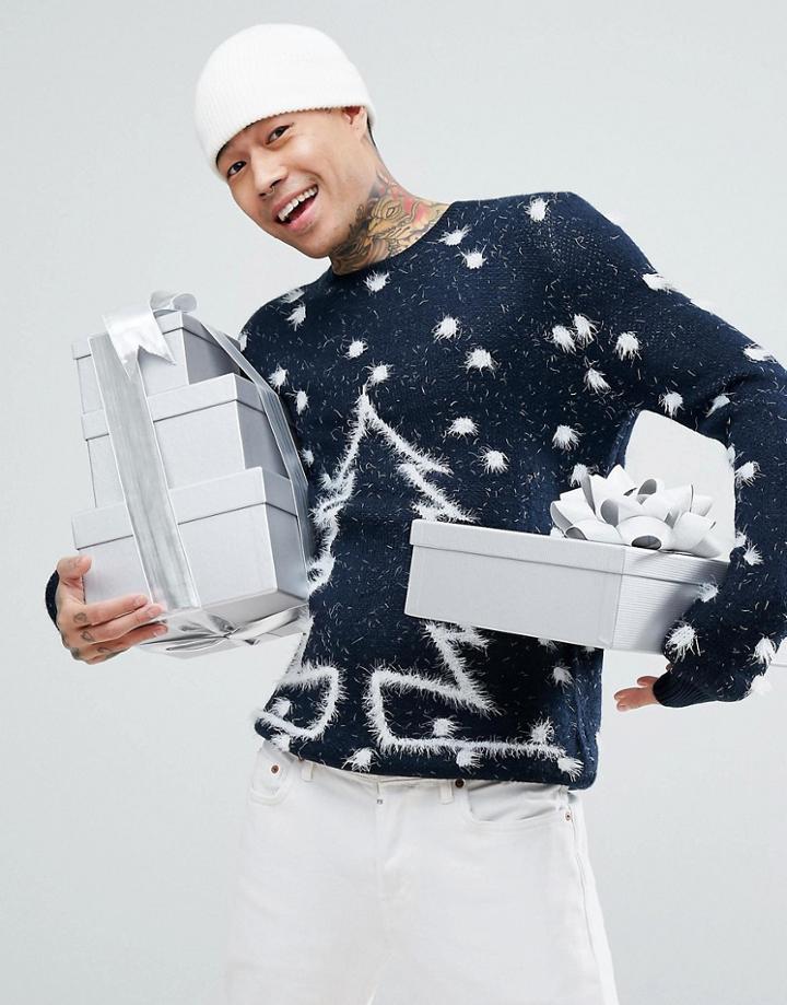 Asos Holidays Sweater With Fluffy Tree Design - Navy