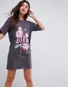 Asos Mini T-shirt Dress With Girls Vinyl Print And V Back - Gray