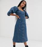 Reclaimed Vintage Inpsired Button Front Midi Dress With Puff Sleeve - Blue