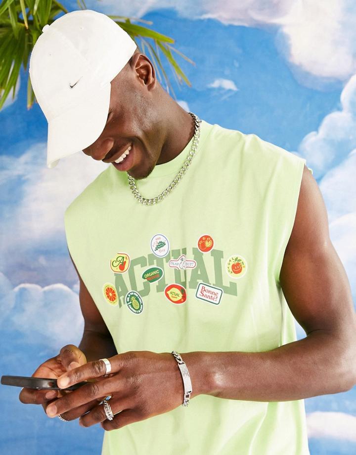 Asos Actual Oversized Tank Top With Actual Sticker Print In Green