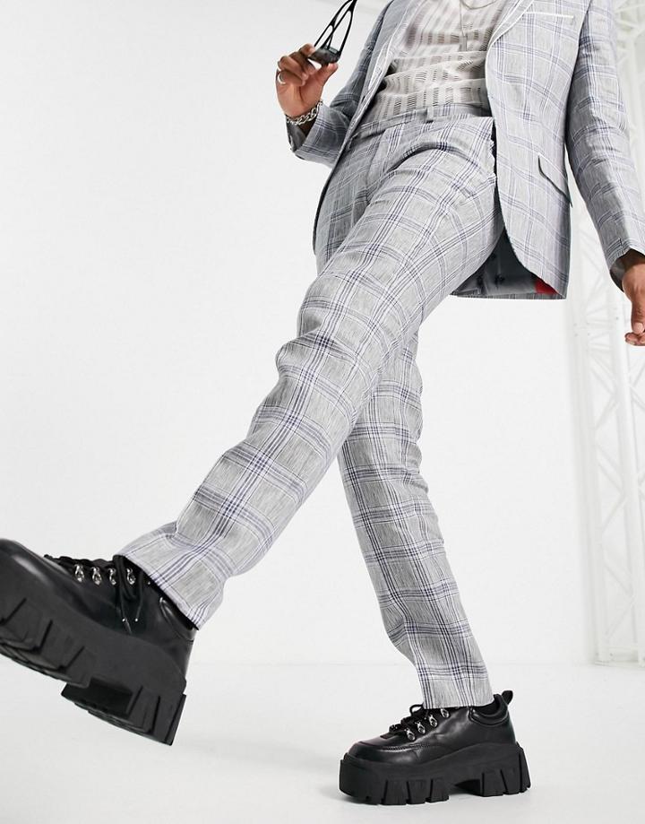 Twisted Tailor Linen Skinny Suit Pants In Gray Blue Plaid-grey