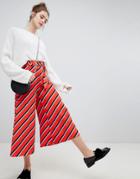 Bershka Wide Leg Diagonal Stripe Pants In Red - Red