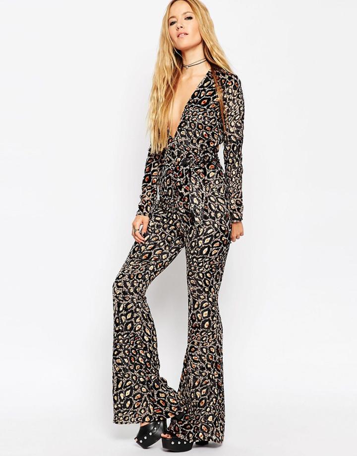 Asos Belted Plunge Jumpsuit In Velvet Burnout - Print