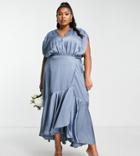 Asos Edition Curve Satin Wrap Midi Dress With Ruched Detail In Dusky Blue