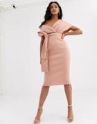 Asos Design Fallen Shoulder Midi Pencil Dress With Tie Detail In Rose-neutral