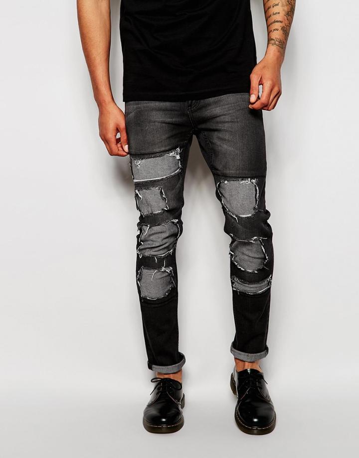 Cheap Monday Jeans Tight Skinny Fit Innocence Black Extreme Distress Repair - Strobe