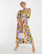 Asos Design Satin Balloon Sleeve Open Back Tea Jumpsuit In Bold Floral Print-multi