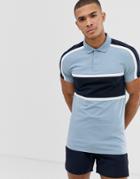 Asos Design Skinny Polo Shirt With Stretch And Contrast Body And Shoulder Panels In Blue