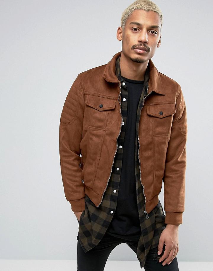 Criminal Damage Suedette Biker Detail Jacket In Tan - Tan