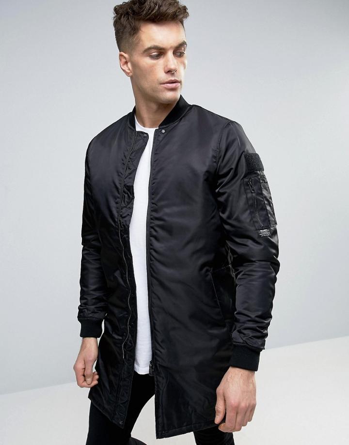 Pull & Bear Longline Bomber Jacket In Black - Black