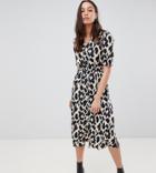 Influence Tall Shirred Sleeve Midi Dress With Button Front In Leopard Print - Brown