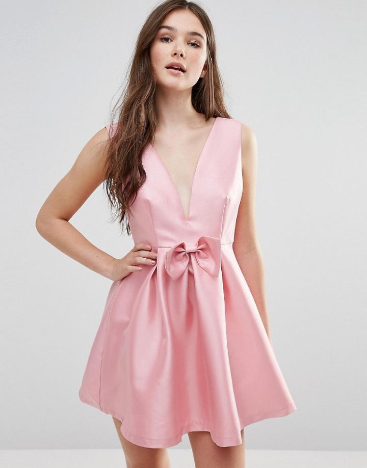 Pixie & Diamond Bow Front V Neck Dress - Pink