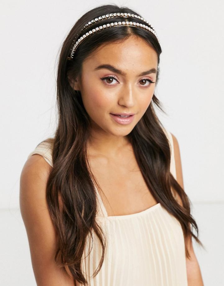 Asos Design Double Row Headband With Pearl And Crystal In Gold Tone