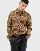 Asos Design Regular Fit Shirt In Satin With Paisley Burnout Print-multi