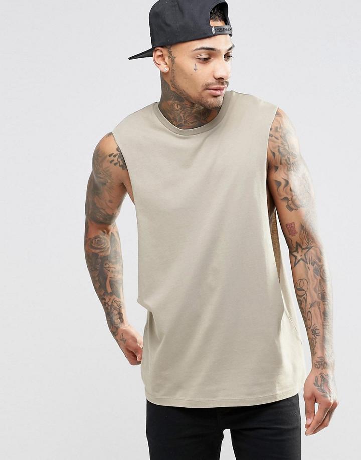 Asos Sleeveless T-shirt With Extreme Dropped Armhole In Brown - Brown