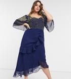 Virgos Lounge Plus Embellished Midi Dress With Flutter Sleeve And Ruffle Skirt In Navy