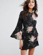 Prettylittlething Fluted Sleeve Floral Smock Dress - Black