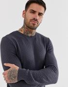 Asos Design Knitted Muscle Fit Textured Sweater In Charcoal-gray