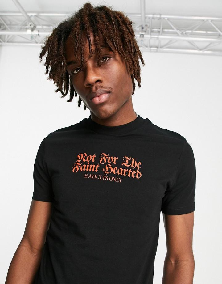 Asos Design Slim Shrunken Fit T-shirt In Black Organic Cotton With Gothic Text Print