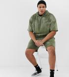 Asos Design Plus Tracksuit Hoodie/skinny Shorts With Raw Hems In Khaki Acid Wash - Green
