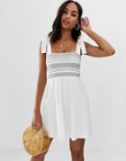 Asos Design Tie Strap Shirred Stripe Sundress - White