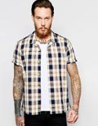 Asos Check Shirt With Revere Collar In Short Sleeve In Regular Fit - White