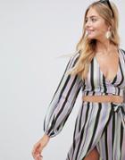 Asos Design Long Sleeve Plunge Wrap Beach Two-piece Top In Stripe-multi