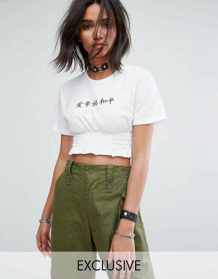 Milk It Vintage Shirred Crop T-shirt With Peace Love And Happiness Embroidery - White