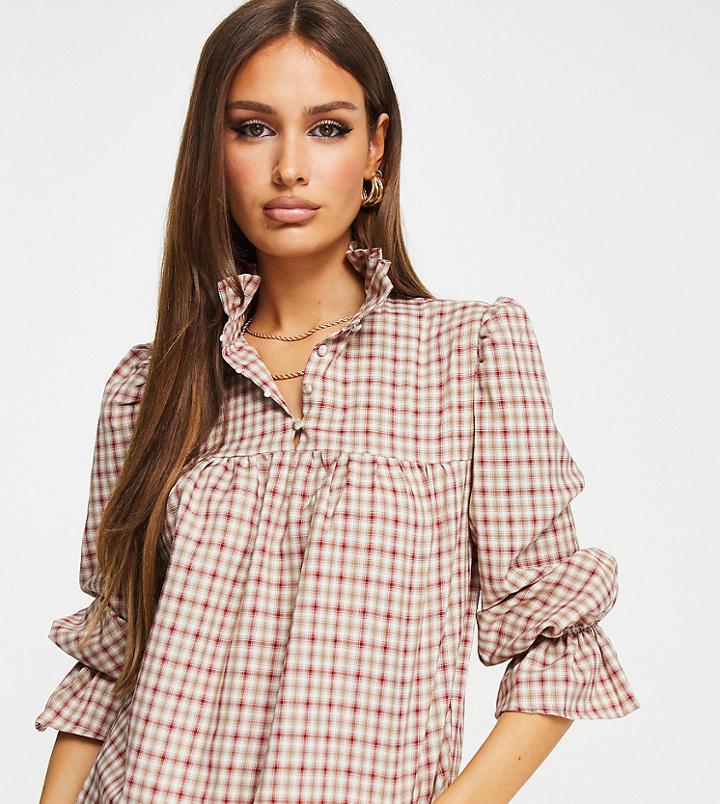 Missguided Smock Blouse With Ruffle In Brown Check