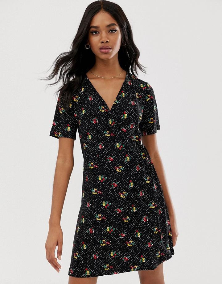 Qed London V Neck Skater Dress In Black Floral Print - Black