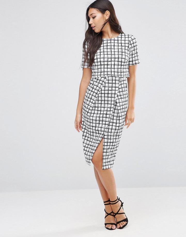 Asos Textured Wrap Wiggle Dress In Check Print - Multi