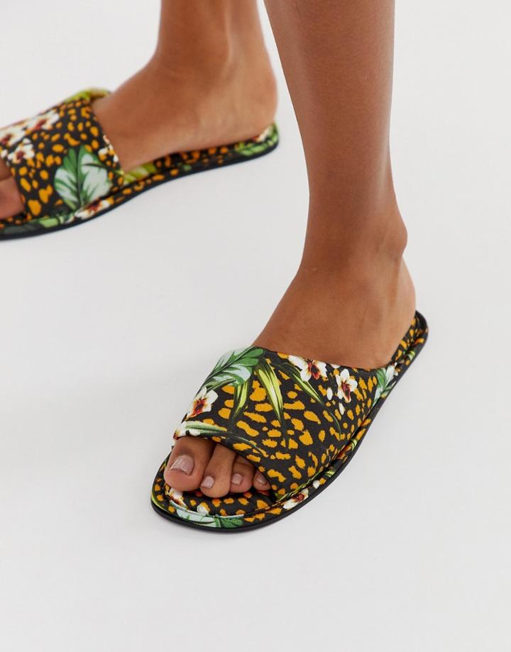 Asos Design Nalani Asymmetric Animal And Palm Leaf Two-piece Satin Slippers-multi