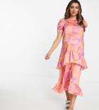 Blume Studio Maternity Short Sleeve Smock Midi Dress In Coral Animal-orange