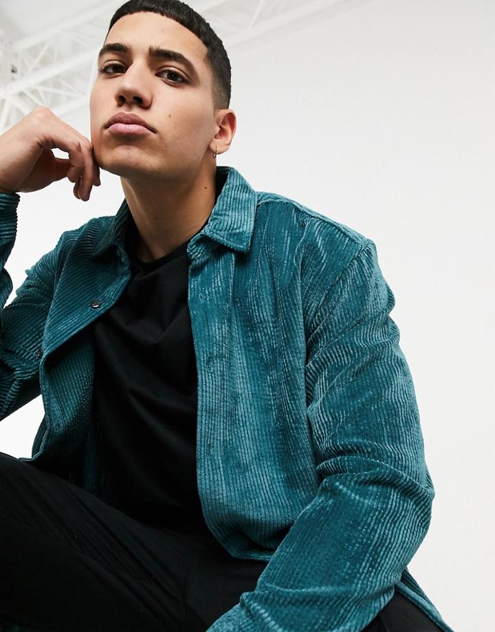 Pull & Bear Cord Overshirt In Blue-blues