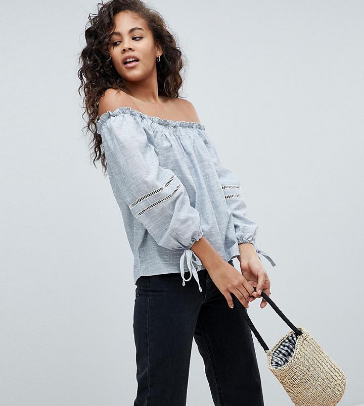Influence Tall Bardot Top With Tie Detail Sleeves - Blue