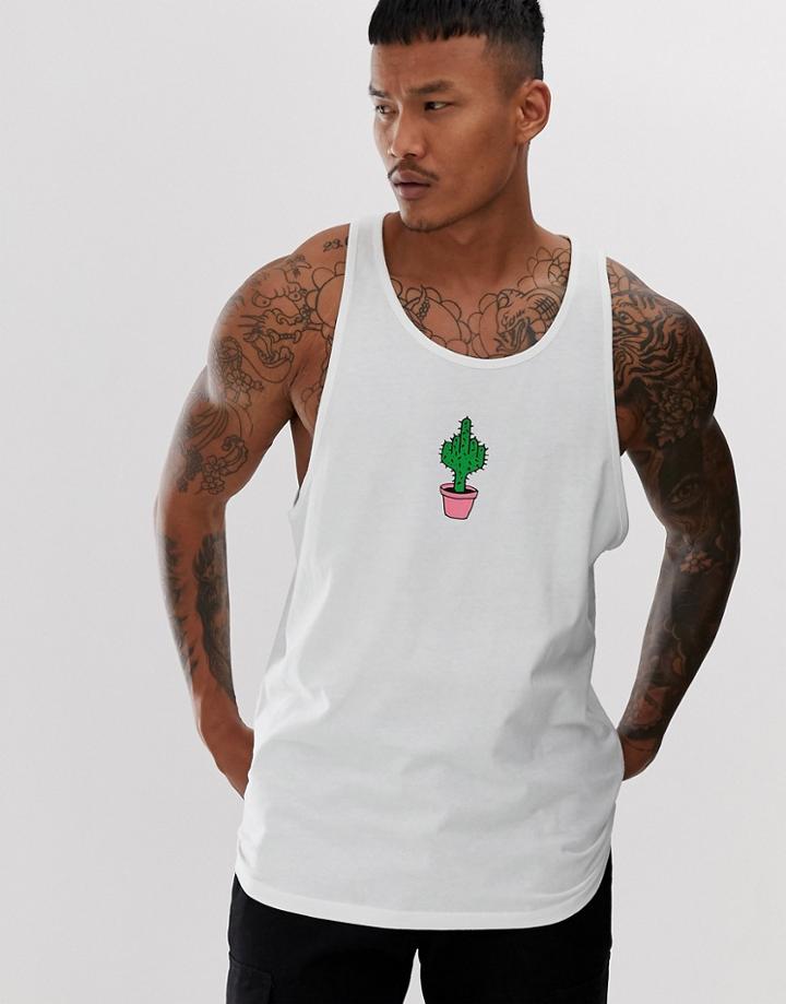 New Love Club Embroidered Cactus Sleeveless T-shirt Tank - White