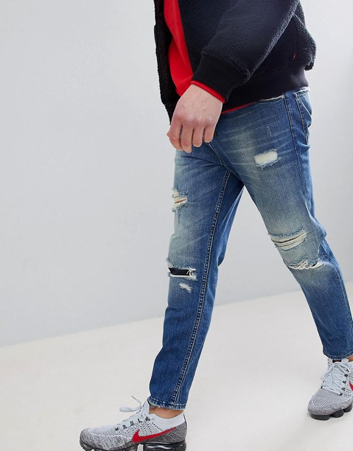 Asos Tapered Jeans In Mid Wash Blue With Rips - Blue
